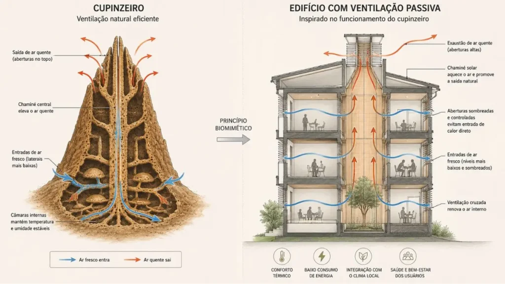 Arquitetura regenerativa e vernacular: soluções para o Brasil 4 Comparação entre o sistema de ventilação de um cupinzeiro e a estratégia de ventilação passiva biomimética em um edifício