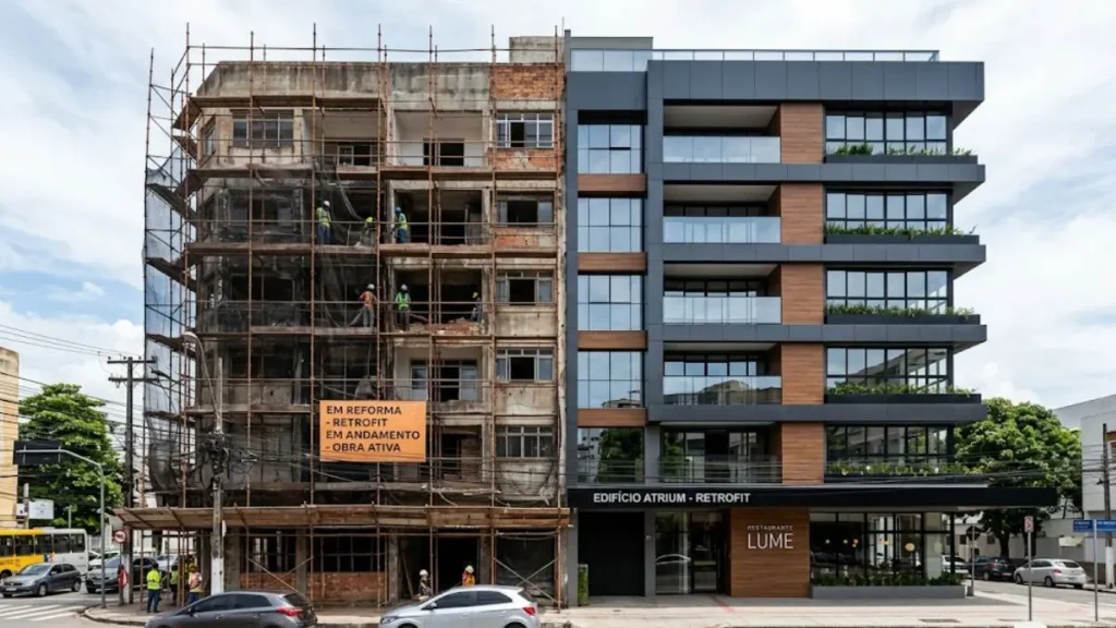 Construção Industrializada Ganha Força no Nordeste 4 retrofit urbano em fachada de edifício no centro de Salvador. Ilustração